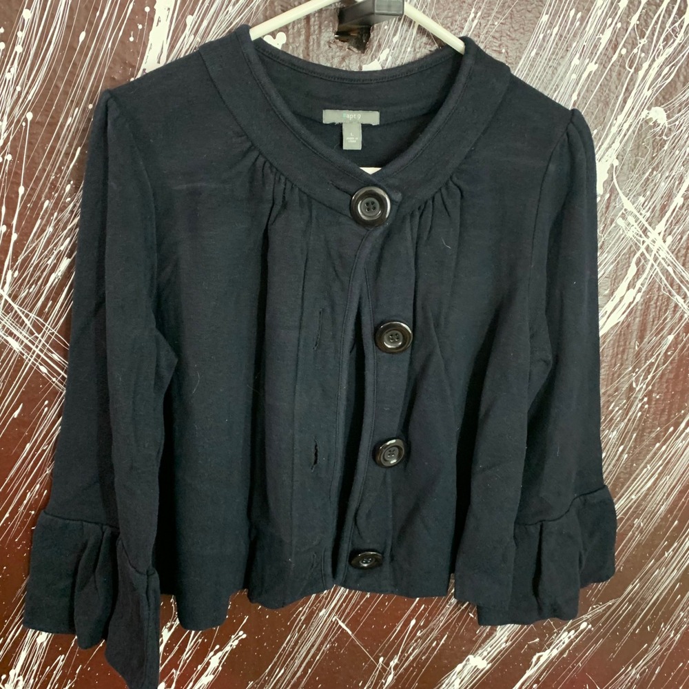 Apt. 9 Black Cropped Button Up Cardigan Ruffle Sleeve Pleated Sweater Womens L
